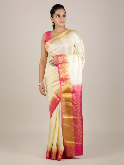 

Pothys Cream-Coloured & Pink Jute Silk Woven Design Saree