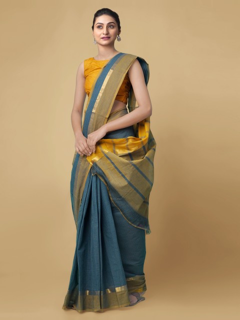 

Unnati Silks Blue & Yellow Pure Cotton Checked Mangalagiri Saree