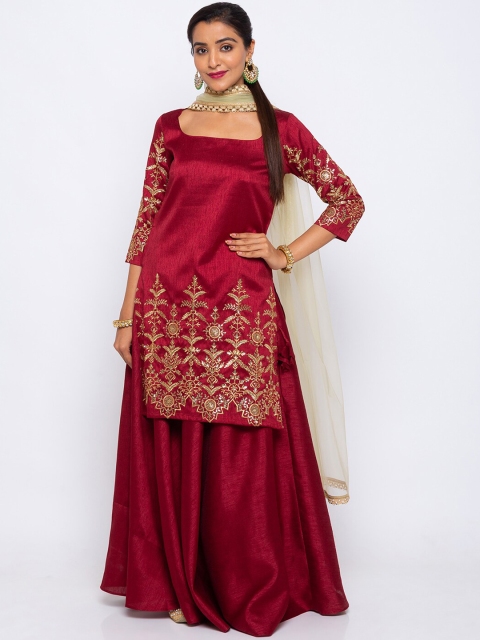 

6Y COLLECTIVE Women Maroon Embroidered Kurta with Skirt & Dupatta