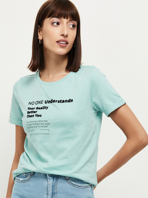 

max Women Sea Green Printed Round Neck T-shirt