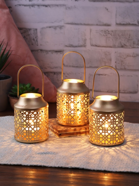 

HomeTown Set Of 3 Gold-Toned Textured Contemporary Table Lanterns