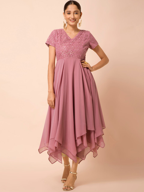 

INDYA Women Pink Geometric Yoke Design Anarkali Kurta