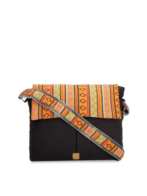 

The House of Tara Black & Yellow Self Design Sling Bag