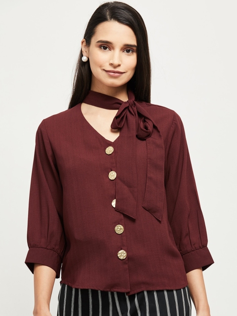 

max Maroon Tie-Up Neck Puff Sleeves Regular Top