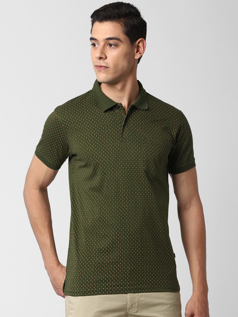 

Peter England Casuals Men Olive Green Printed Polo Collar Cotton Pure Cotton T-shirt
