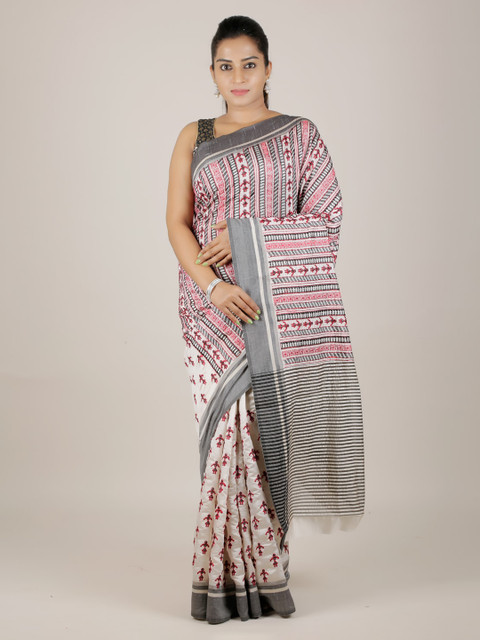 

Pothys Cream-Coloured & Red Jute Silk Embroidered Saree