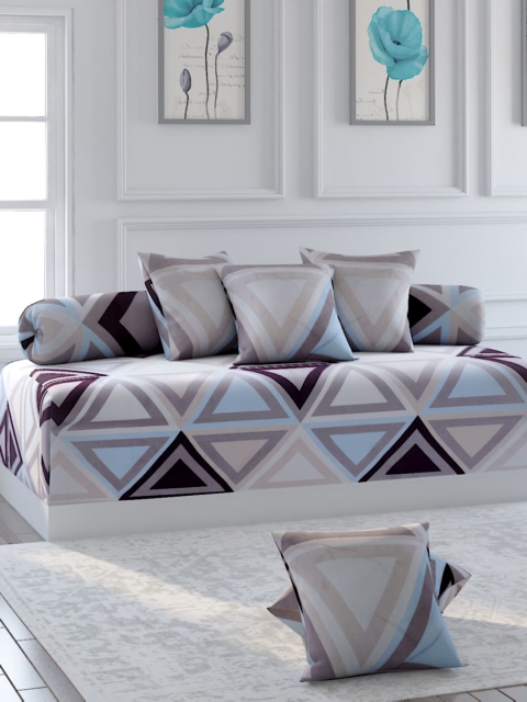

Bromwick Set Of 8 Beige & Blue Printed Bedsheet With Bolster & Cushion Covers
