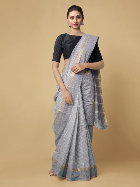

Unnati Silks Grey Pure Cotton Checked Mangalagiri Saree