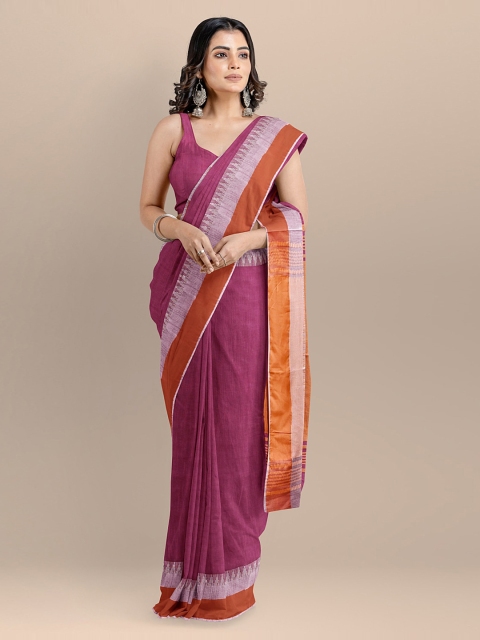 

BharatSthali Purple & Orange Silk Cotton Solid Maheshwari Handloom Saree