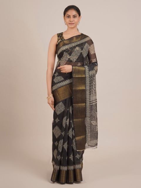 

Pothys Black Printed Jute Silk Saree