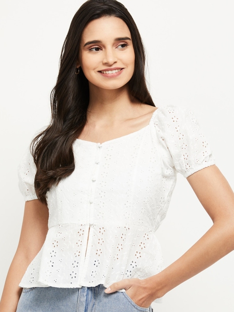 

max Cream-Coloured Puff Sleeves Pure Cotton Cinched Waist Top
