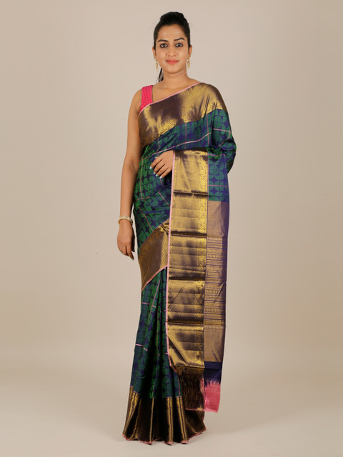 

Pothys Blue & Gold-Toned Pure Silk Woven Design Kanjeevaram Saree