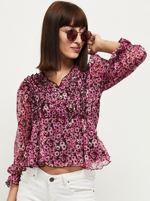 

max Pink Floral Printed Wrap Top