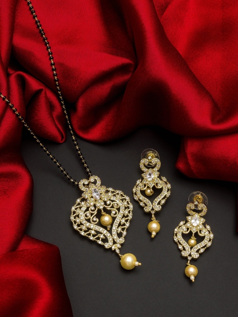

aadita Gold-Plated Black Beaded White Stone-Studded Mangalsutra With Earrings