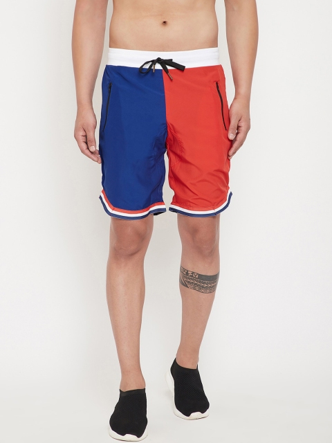 

FUGAZEE Men Red & Blue Colourblocked Loose Fit Sports Shorts