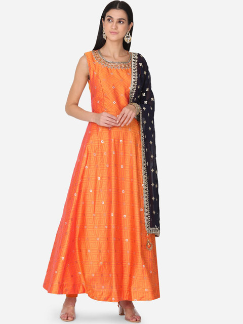 

BOMBAY SELECTIONS Women Orange & Black Embroidered Kurta with Palazzos & Dupatta