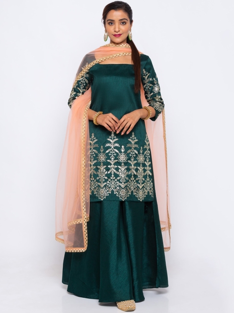 

6Y COLLECTIVE Women Green & Pink Embroidered Kurta with Sharara & Dupatta