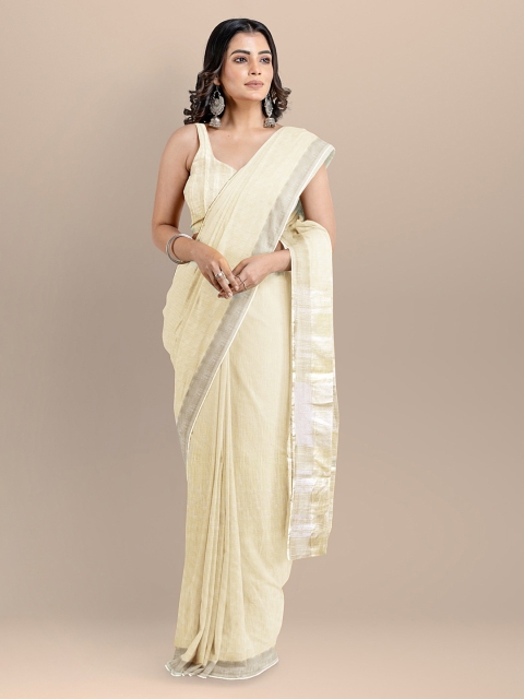 

BharatSthali Cream-Coloured Silk Cotton Solid Mangalagiri Handloom Saree