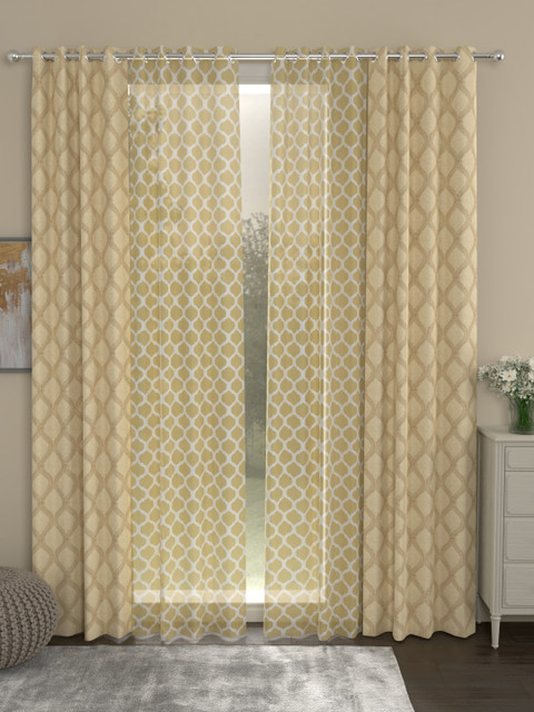 

ROSARA HOME Beige & White Set of 4 Long Door Curtains