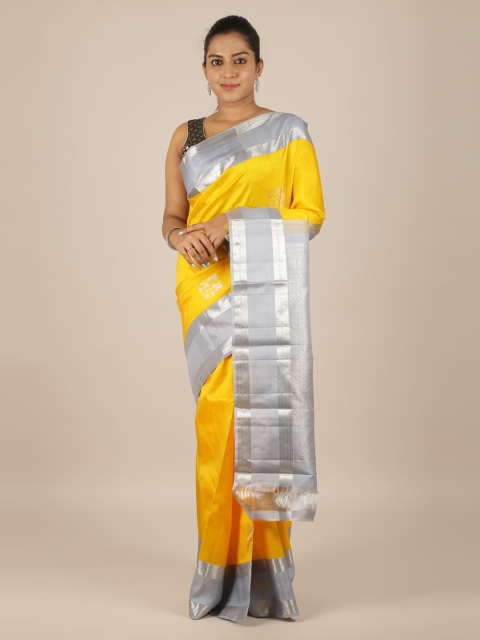 

Pothys Yellow & Silver-Coloured Pure Silk Woven Design Kanjeevaram Saree