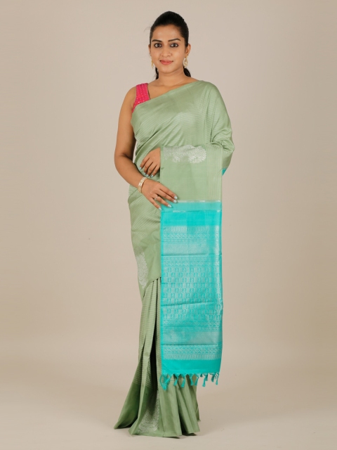 

Pothys Green & Turquoise Blue Pure Silk Striped Kanjeevaram Saree