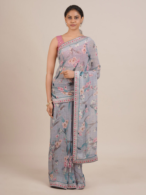 

Pothys Grey Printed Poly Chiffon Saree
