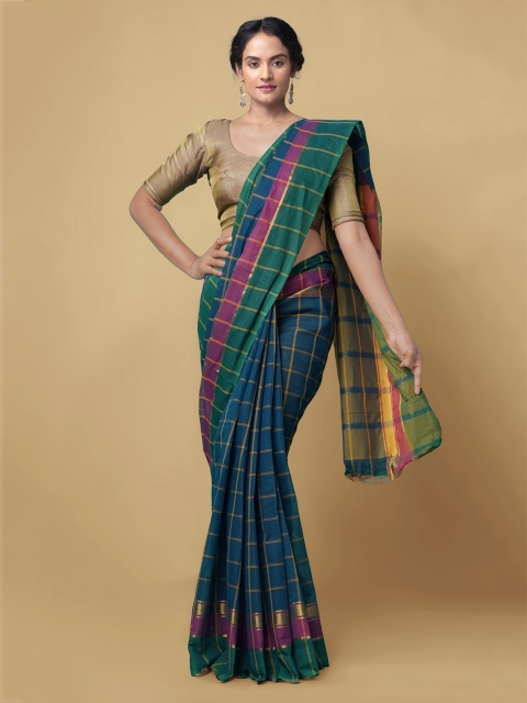 

Unnati Silks Blue & Green Pure Cotton Checked Mangalagiri Saree
