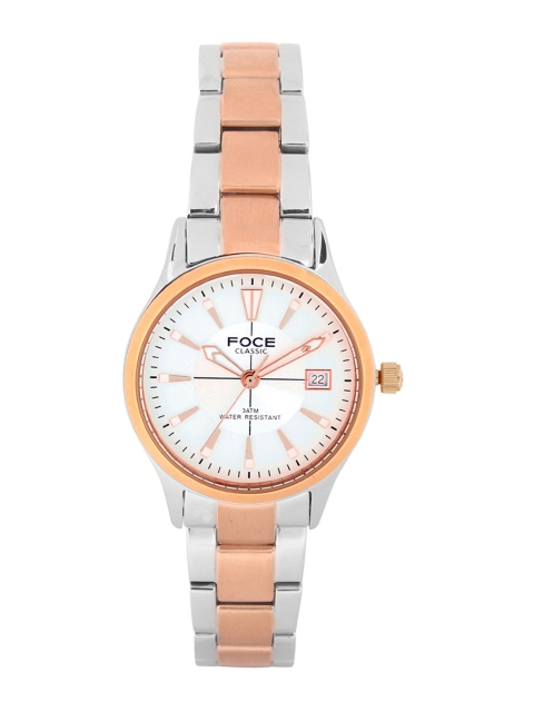 FOCE Women Silver-Toned Dial & Rose Gold Toned Stainless Steel Bracelet Style Straps Analogue Watch