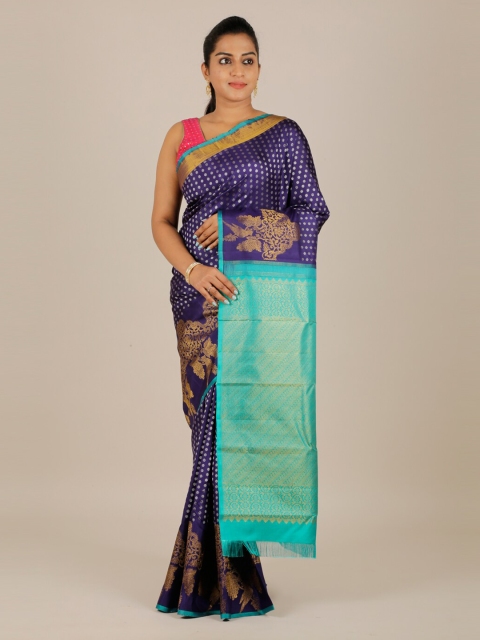

Pothys Blue & Gold-Toned Pure Silk Woven Design Kanjeevaram Saree