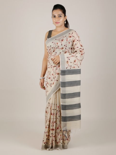 

Pothys Cream-Coloured & Pink Jute Silk Embroidered Saree