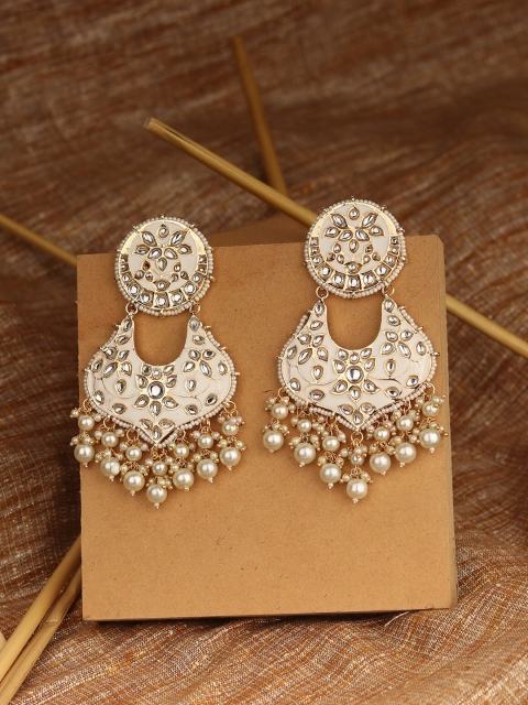

ANIKAS CREATION Gold-Plated White Enamelled Contemporary Drop Earrings