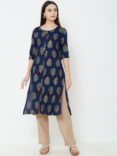 

FASHOR Women Navy Blue & Beige Printed Kurta with Palazzos