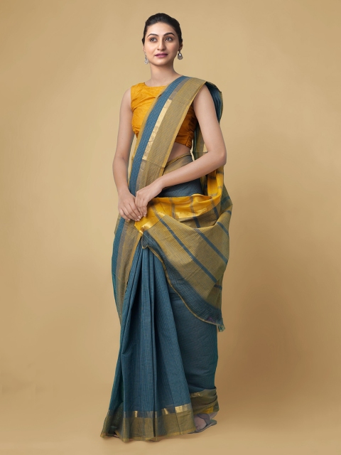 Unnati Silks Teal Blue Pure Cotton Checked Mangalagiri Saree
