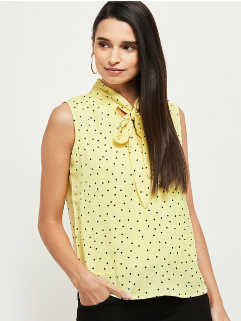 

max Yellow Printed Tie-Up Neck Regular Top