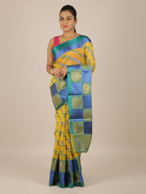 

Pothys Yellow & Blue Cotton Blend Woven Design Saree