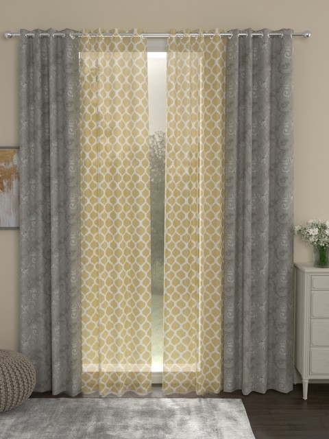 

ROSARA HOME Grey & Cream-Coloured Set of 4 Regal Dyed Jacquard Voile Door Curtains