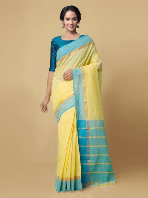 

Unnati Silks Yellow & Turquoise Blue Pure Cotton Solid Mangalagiri Saree