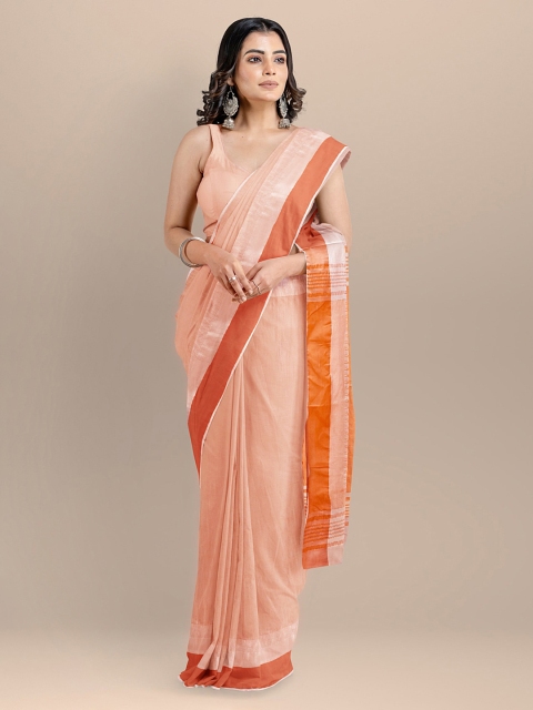 

BharatSthali Peach-Coloured & Orange Silk Cotton Solid Maheshwari Handloom Saree
