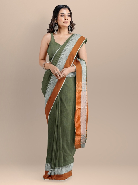 

BharatSthali Green Silk Cotton Solid Maheshwari Saree