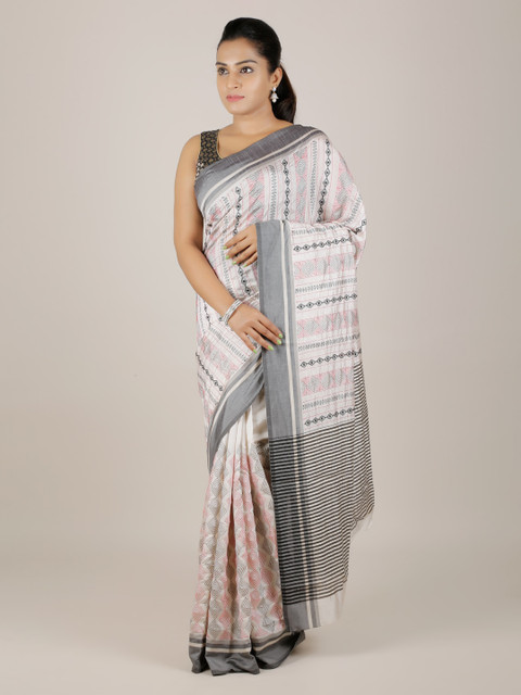 

Pothys Cream-Coloured & Grey Jute Silk Striped Saree