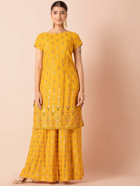 

INDYA Women Yellow & Gold-Toned Floral Printed Kurta