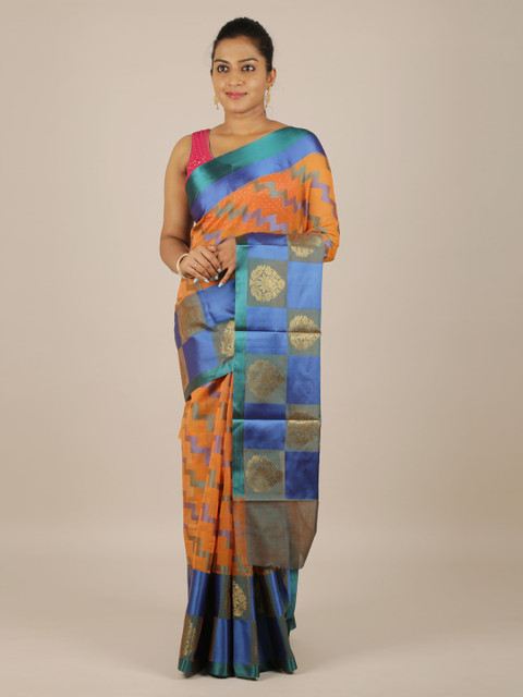 

Pothys Orange & Blue Cotton Blend Woven Design Saree