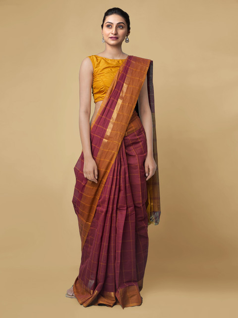 

Unnati Silks Red & Yellow Pure Cotton Checked Mangalagiri Saree
