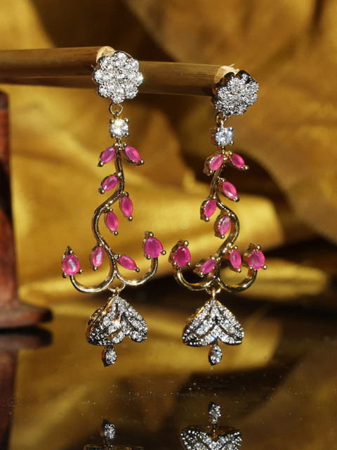 

ANIKAS CREATION Magenta Gold-Plated American Diamond-Studded Contemporary Drop Earrings