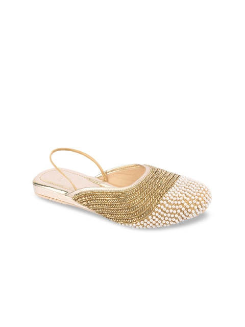 

DESI COLOUR Women Gold-Toned Embellished Canvas Mules