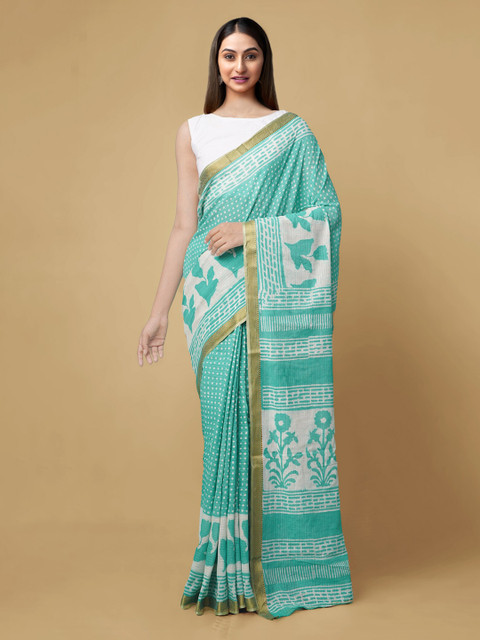 

Unnati Silks Green & White Pure Cotton Printed Dabu Saree