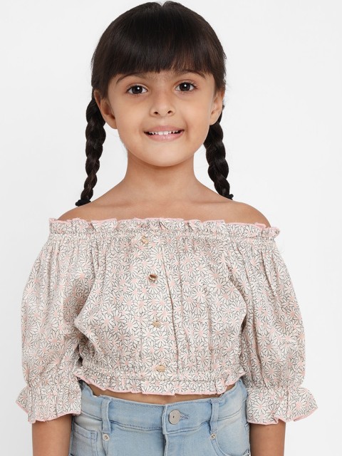 

Nauti Nati Beige & Black Floral Printed Off-Shoulder Bardot Crop Top