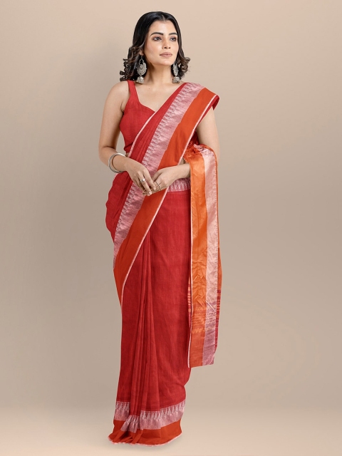 

BharatSthali Red Silk Cotton Solid Maheshwari Handloom Saree