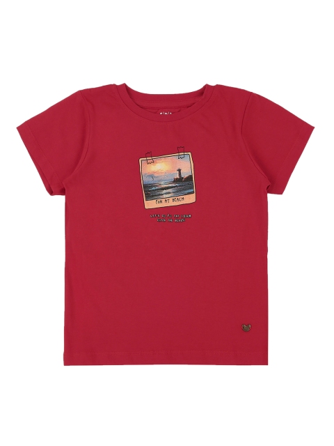 

Ed-a-Mamma Boys Maroon Printed Round Neck Sustainable Pure Cotton T-shirt