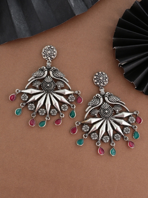 

Shoshaa Silver-Toned & Green Peacock Shaped Drop Earrings